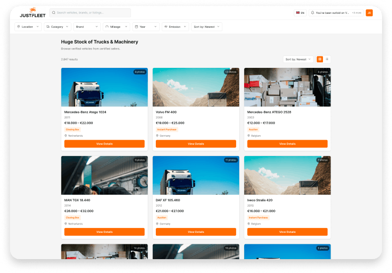JustFleet sell and buy vehicle app snapshot of browsing page