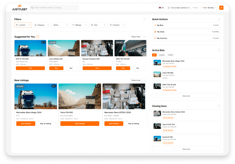 JustFleet sell and buy vehicle app snapshot of overview page
