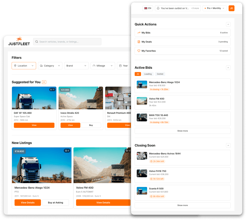 JustFleet sell and buy vehicle app snapshot of user interface